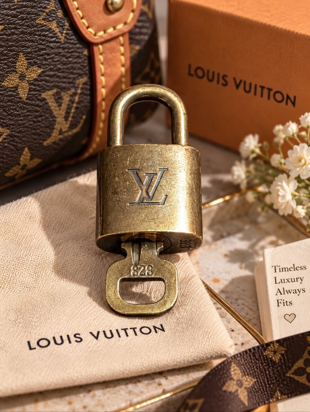Authentic Louis Vuitton Brass Padlock Lock & Key #323 Vintage LV Bag Hardware